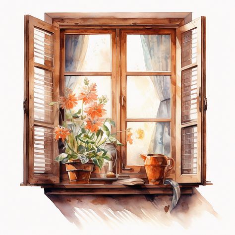 Wood Watercolor, Cute Window, Watercolor Window, Window Watercolor, Windows Watercolor Painting, Vintage Window Illustration, Watercolor Window View, Watercolor Window With Flowers, Watercolor Paintings Doors And Windows