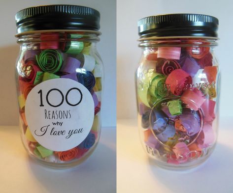 100 Reasons why I love you Jar. So simple yet so heart warming, my boyfriend loved this gift. I had no problem coming up with 100 reasons why I loved him. I just wrote down the reasons on strips of paper and rolled 'em up and but them in a mason jar #DIY #DIYBFGIFT #DIYBOYFRIENDGIFT #DIYBOYFRIEND #100reasonswhyiloveyou #anniversary #DIYBFPRESENT 100 Reasons Why I Love You, Love You Boyfriend, Love Jar, Reasons I Love You, Last Minute Birthday Gifts, Reasons Why I Love You, Why I Love Him, Why I Love You