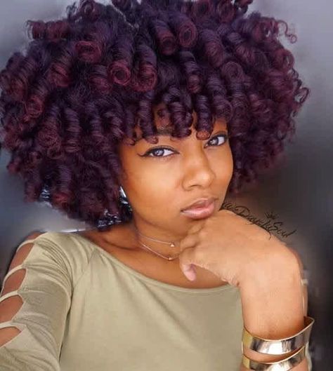 Subtle Plum With Burgundy Tips Rod Curls, Cherry Cola Hair Color, Cherry Cola Hair, Hair Color Plum, Plum Hair, Hair Color Burgundy, How To Curl Short Hair, Burgundy Hair, Natural Hair Inspiration