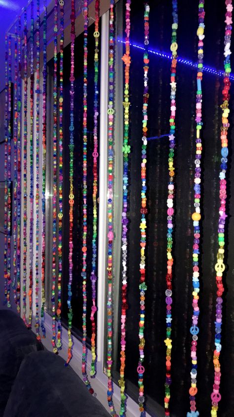 bead curtains, 70’s, 2000’s, diy, home decor Bead Curtains Diy, How To Make Beaded Curtains Diy, Bead Curtain Closet, Paper Bead Curtain, Doorway Beads Curtains, How To Make Beaded Curtains, Beaded Curtains Doorway Diy, Kandi Room Decor, Beaded Curtain Pattern