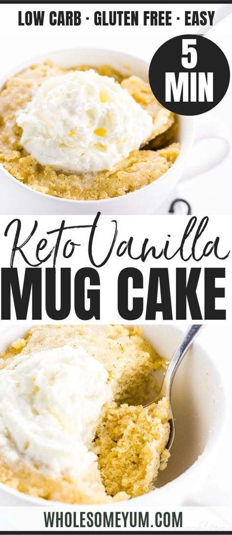 Easy Keto Paleo Vanilla Mug Cake Recipe Easy Vanilla Mug Cake, Keto Vanilla Mug Cake, Vanilla Mug Cake Recipe, Coconut Flour Mug Cake, Vanilla Mug Cake, Paleo Mug Cake, Low Carb Keto Desserts, Vanilla Mug Cakes, Desayuno Keto