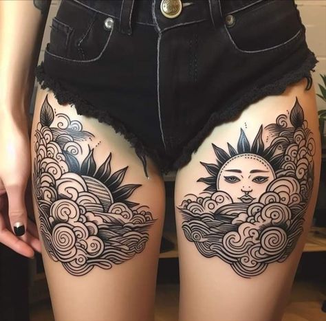 Women Tattoos Thigh, Womens Leg Tattoo, Rebirth Tattoos, Thigh Tats, Rebirth Tattoo, Girl Thigh Tattoos, Thigh Tat, Man Tattoo, Armband Tattoos