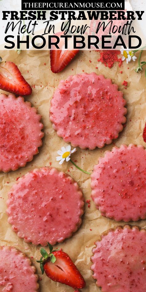 Berry Shortbread Dreams, Double Strawberry Cookies, Freeze Dried Strawberry Recipes Baking, Strawberry Pretzel Cookies, Strawberry Iced Cookies, Fresh Strawberry Cookies, Dried Strawberries Recipe, Strawberry Cookies Recipes, Fresh Strawberry Glaze