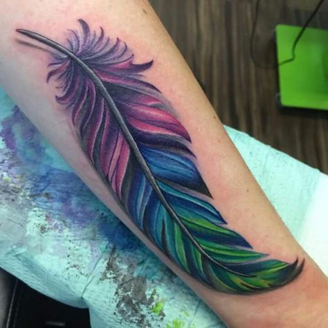 Color Feather Tattoo Design, Colorful Feather Tattoos For Women, Colored Feather Tattoos, Eagle Feather Tattoo Design, Colorful Feather Tattoo, Feather Tattoo Cover Up, Feather Tattoo Ideas, Forearm Cover Up Tattoos, Feather Tattoo Colour