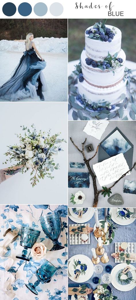 shades of blue winter wedding color ideas Winter Wedding Color Ideas, Blue Winter Wedding, Wedding Color Palettes, Wedding Color Ideas, Winter Wedding Colors, Wedding Themes Winter, Winter Wedding Decorations, December Wedding, Weddings By Color