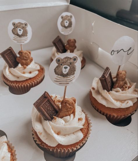 Bears First Birthday Party, 1 Year Cupcakes, Teddy Bear Second Birthday, Happy Camper Cupcakes, Baby Bear First Birthday Boy, Bear First Birthday Party Boys, One Beary Good Year Birthday, Camper First Birthday, Teddy Bear Picnic First Birthday