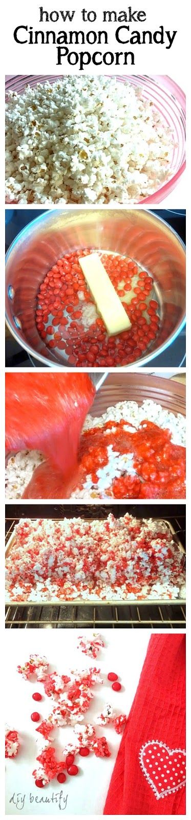 Steps for making Cinnamon Candy Popcorn using red hots ~ DIY beautify blog Cinnamon Candy Popcorn, Red Hot Popcorn Recipe, Red Hot Popcorn, Candy Popcorn Recipe, Flavored Popcorn Recipes, Cinnamon Popcorn, Cinnamon Chex, Popcorn Recipes Easy, Hot Popcorn