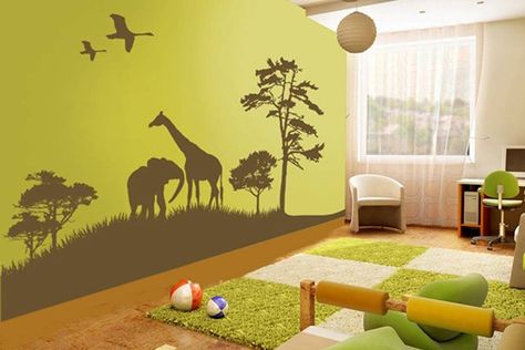 Savannah Style - Kids' Bedroom Ideas - Childrens Room, Furniture, Decorating (houseandgarden.co.uk) Kids Room Jungle, Safari Bedroom, Safari Room, Jungle Thema, Themed Kids Room, Nursery Stickers, Kids Room Murals, Jungle Room, Animal Wall Decals