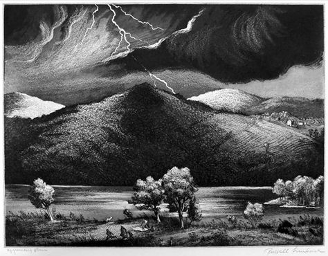 Russell Theodore Limbach, Approaching Storm, 1945, Intaglio, 8.75 x 11.75 inches Intaglio Printing, Cleveland Art, Rockwell Kent, Print Media, Metal Engraving, Lithography, Monoprint, Letterpress Printing, Asheville