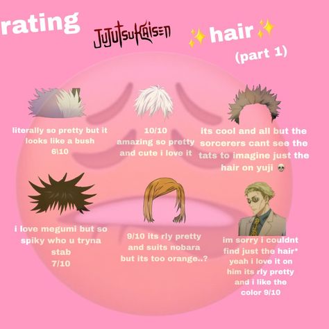 #jjk #hair Chose Hairstyle Jjk, Jjk Characters Name, Jjk Dorm, Jjk Script, Jjk Headcanons, Hair, Pins, Quick Saves, Color