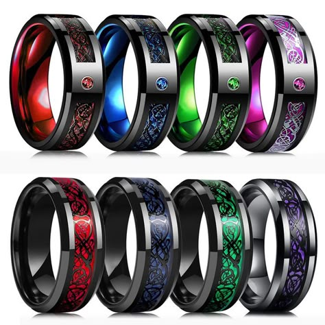 Fashion Men's 8mm Black Tungsten Wedding Celtic Dragon Rings Inlaid Blue Zircon Stainless Steel Red Carbon Fibre Ring For Men Dragon Rings, Mens Wedding Rings Tungsten, His And Hers Rings, Cool Rings For Men, Carbon Fiber Rings, Cool Rings, Celtic Dragon, Wedding Ring Sizes, Dragon Ring