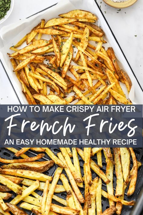 Air fryer fries are a simple and easy way to make homemade fries without extra oil and calories.  These air fryer french fries are much healthier than fast food fries and they are so delicious and crispy. Gluten free, paleo, vegan and whole30. Air Fried French Fries, Fried French Fries, Air Fry French Fries, Air Fryer Fries, Fries Recipes, Healthy Fries, Fried Recipes, Air Fryer French Fries, Blue Jean Chef