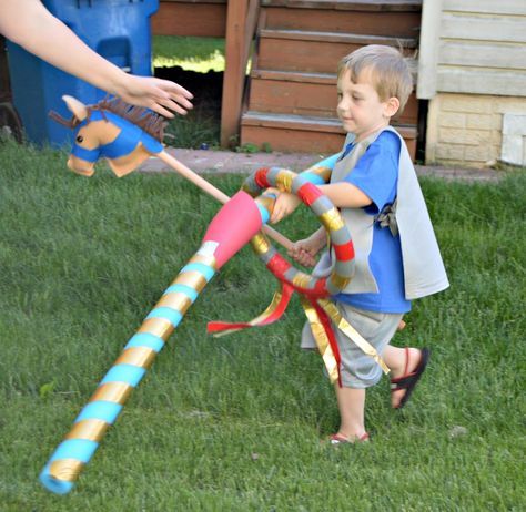 This fun jousting obstacle course is sure to get your little knights moving during party day! Knights And Dragons Party, Knights Party, Knight Princess, Kingdom Vbs, Knights And Dragons, Backyard Kids Party, Knight Birthday, Knight Birthday Party, Medieval Games