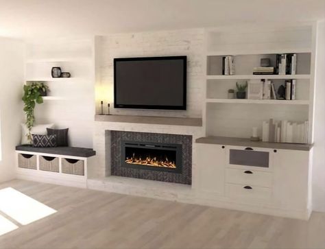 Lounge With No Fireplace, Family Living Room Ideas Cozy, Feature Wall Ideas Tv, Media Wall With Alcoves, Built In Tv Wall Unit Small Living Room, Living Room Designs Media Wall, Tv Unit Next To Fireplace, Media Wall Lounge, Media Wall With Fireplace And Tv Modern