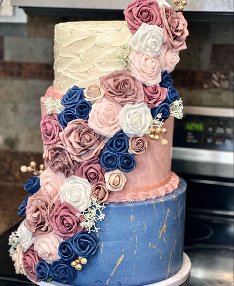 Navy Blue And Pink Wedding Cake, Dusty Rose Wedding Theme, Debut Cake, Navy Blue Wedding Cakes, Wedding Decisions, 25 Anniversary Cake, Rose Wedding Theme, Wedding Cake Navy, Burgundy Wedding Cake