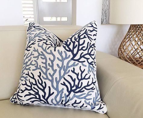 Coastal Luxe Interiors, Coastal Cushions, Coastal Luxe, Beautiful Beach Houses, Nautical Cushions, Blue Bedroom Decor, Bed Scarf, Living Room Pillows, Hamptons Style