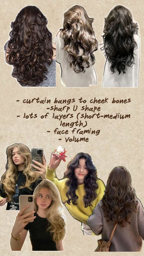 Wavy hair, curtain bangs, layers, u shape Wavy Hair Curtain Bangs Layers, Wavy Hair Curtain Bangs, Curtain Bangs Layers, Baby Bangs Long Hair, Hair Curtain Bangs, Bangs Layers, Bangs Wavy Hair, Haircut Inspo, Wavy Haircuts