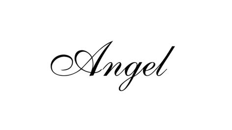 Angel Core Tattoos, Angel Tattoo Letters, Angel Word Tattoo For Women, Angel Written Tattoo, Angel Tatoos Aesthetic, Word Tattoo Stencils, Angel Username, Word Angel Tattoo, Black Angel Aesthetic