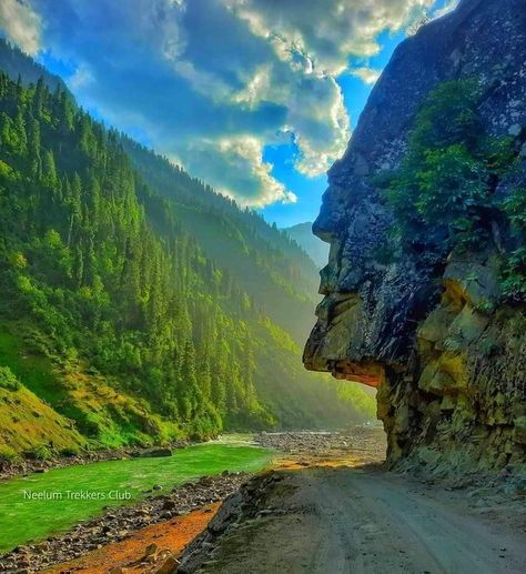 Beautiful river, mountains, Road and cloudy sky in a picture Kashmir Tourism, Neelum Valley, Beautiful View, Mountain View, Beautiful Views, The Globe, Right Now, Globe, Wonder