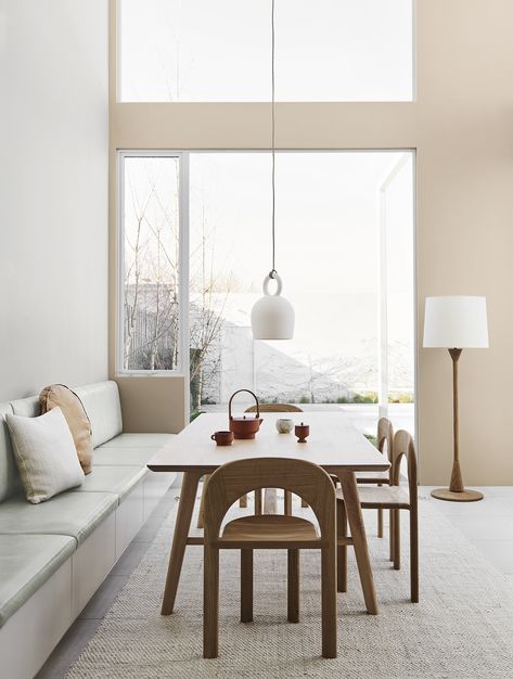 Neutral Interior Design Scheme for your Home that don't use White Dulux Color, Popular Neutral Paint Colors, Dulux Australia, Neutral Interior Design, Earthy Palette, Wooden Table And Chairs, Banquette Seating, Neutral Interiors, Style Deco