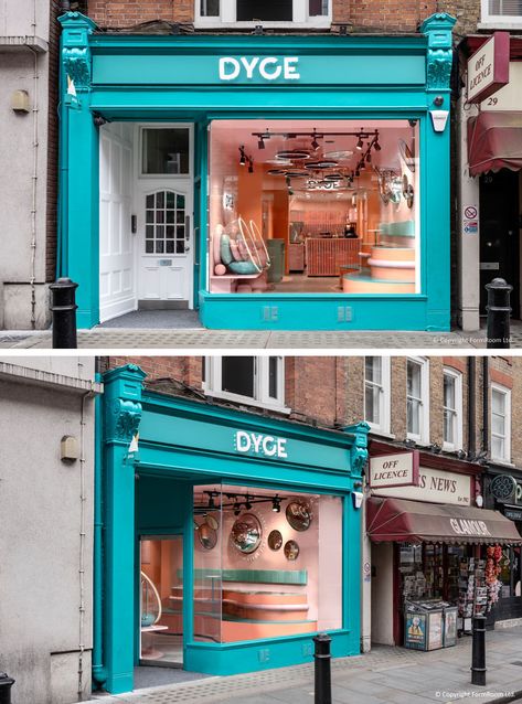 This modern and bright turquoise facade draws attention on the street, enticing customers inside. #StoreFront #StoreFacade #ShopFront #ShopFacade Pastel Pink Interior, Stylized Background, Decorating Apps, Party Boutique, Storefront Signage, Tiered Seating, Shop Facade, Pastel Interior, Inside Shop