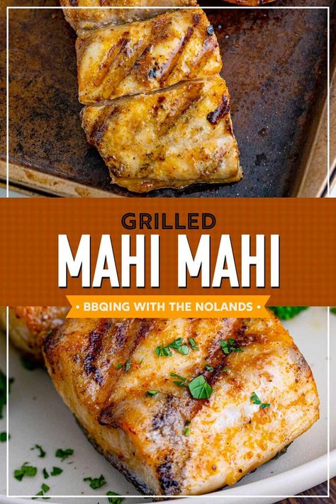 Grilled Mahi Mahi on a pan and also on a white plate. Mahi Mahi Recipes Baked, Cooking Mahi Mahi, Mahi Recipes, Mahi Mahi Recipe, Grilled Mahi Mahi, Mahi Mahi Recipes, Seafood Delight, Bbq Fish, Grilled Fish Recipes