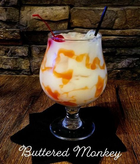 The West End - DRINK OF THE WEEK 
👇
BUTTERED MONKEY... Buttered Monkey Drink, Buttered Monkey Cocktail, Monkey Cocktail, Banana Cocktail, Banana Cocktails, Drink Of The Week, Banana Liqueur, Whipped Vodka, Caramel Drizzle