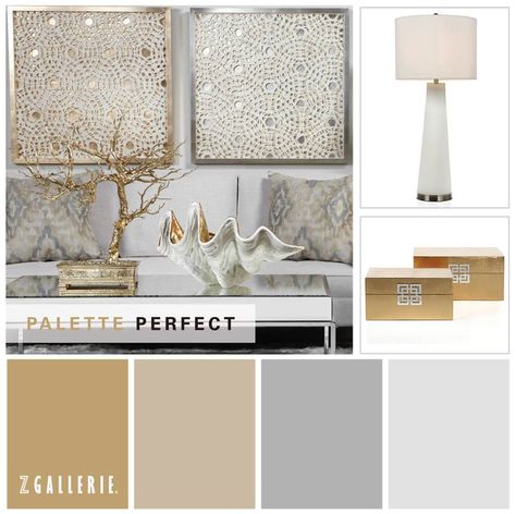 Benjamin Moore Paint Color Palette:  From left to right, Grenada Hills Gold, Bleeker Beige, Silent Night and Marilyn's Dress.  http://zgal.re/YF3X8Z Color Schemes Gray, Bleeker Beige, Grey And Gold Bedroom, Black And Gold Bathroom, Bathroom Accessories Set, Gold Living Room, Paint Colors Benjamin Moore, Gold Bedroom, Paint Color Palettes