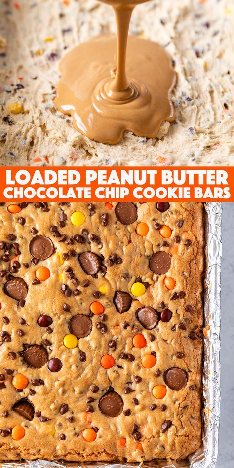 Peanut Butter Bars With Reeses Pieces, Loaded Cookie Bars, Peanut Butter Bar Recipes, Peanut Butter Cookie Dessert, Peanut Butter Cookies With Reeces Pieces, Peanut Butter Cup Cookie Bars, Reeses Pieces Cookie Bars, Reeses Pieces Dessert Recipes, Layered Cookie Bars