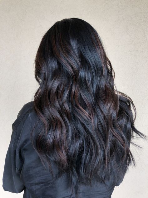 Dark Brown Bolyoge Hair, Rich Dark Brown Hair With Dimension, Black Hair With Deminsion, Dark Glaze Hair, Subtle Dark Brown Balayage, Babylights Black Hair, Dark Brown Balayage On Black Hair, Black And Brown Balayage, Black Bayalage Hair