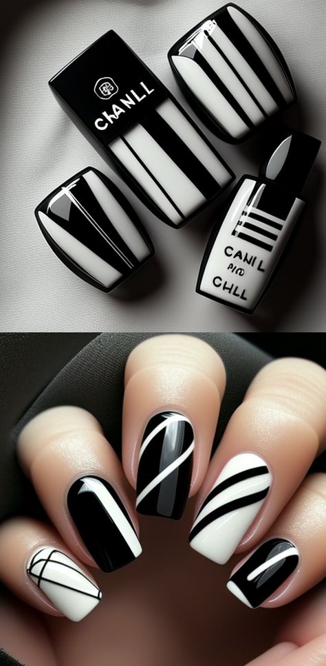 Spring Into Style with These Black and White Coffin Nail Designs. Black White Nail Art Designs, Ska Punk Nails, White Nail With Black Design, Simple Nail Art Black And White, Black And Gold Gel Nail Designs, Black And White Nail Art Simple, Black And White Nail Art Designs, Black And White Gel Nail Designs, Nail Art Designs Black And White