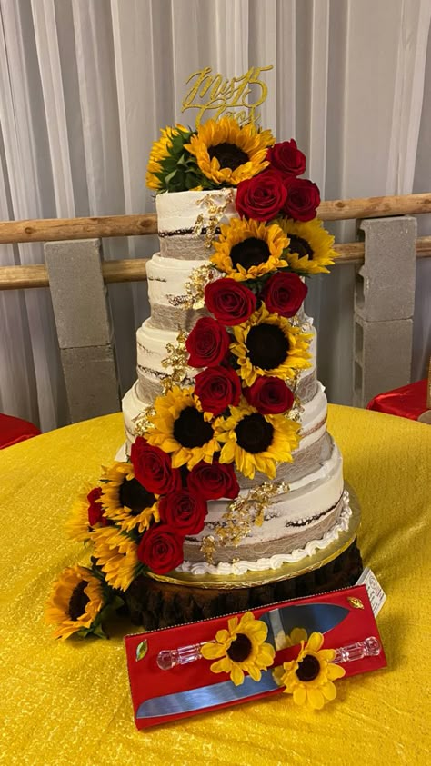 Charro Quinceanera Theme, Red Quinceanera Theme, Red Roses And Sunflowers, Quince Centerpieces, Charro Theme, Red Quinceanera Ideas, Western Wedding Cakes, Quince Cakes, Quince Decor