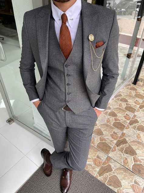 Abruzzo Gray Slim Fit Peak Lapel Striped Wool Suit freeshipping - BOJONI Wedding Suits Men Grey, Suit For Men Wedding, Grey Suit Wedding, Grey Suit Men, Suit Clothes, Clothes Jacket, Vest And Pants, Groom Wedding Attire, Pants Gift