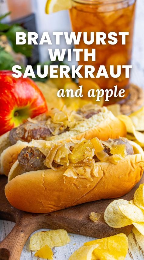 Slow cooker Bratwurst with Sauerkraut and apples is savory and lightly sweet, simple to make, and perfect for a tailgate party or an easy weeknight dinner. Bratwurst With Sauerkraut And Apples, Sauerkraut And Apples, Brats And Sauerkraut, Sausage Dinners, Sausage Dinner, German Sausage, Crockpot White Chicken Chili, Sunny Kitchen, Carnitas Recipe