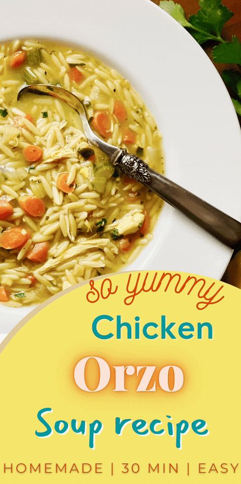 bowl of orzo soup with spoon Homemade Chicken Orzo Soup, Chicken Soup With Orzo Recipes, Easy Chicken Orzo Soup, Chicken Orzo Soup Crockpot, Chicken Orzo Soup Recipes, Creamy Chicken Orzo Soup, Chicken Soup With Orzo, Chicken And Orzo Soup, Lemon Orzo Soup