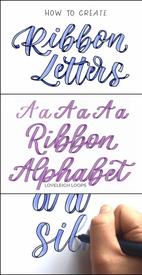 Learn the art of ribbon lettering with this lettering tutorial from Loveleigh Loops! Here you'll find a ribbon lettering tutorial shat shows you how to do the letters of the alphabet. Click to see a step-by-step guide on how to do ribbon lettering that lets you turn your own hand lettering into something truly spectacular. Follow Loveleigh Loops for more lettering tutorials and calligraphy guides! Lettering Tutorial Alphabet, Ribbon Lettering, Hand Lettering Alphabet Fonts, Font Love, Alfabet Font, Fonts Handwriting Alphabet, Hand Lettering For Beginners, Lettering Styles Alphabet, Design Alphabet