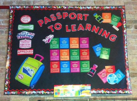 Passport to Learning! This board is created by all TREND, Enterprises Inc. products: "Passport to Learning" bulletin board set, red border, 4" red "Chrome" letters, and the "World Flags" border. World Bulletin Board, Chrome Letters, Hollywood Theme Classroom, Travel Theme Classroom, Spanish Classroom Decor, Bulletin Boards Theme, Bulletin Boards Classroom Decor, Middle School Libraries, World Flags