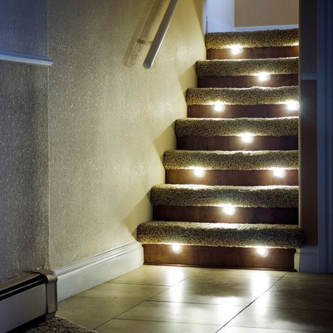 Discover LED stair lights solutions inside and out, individually crafted in the USA with Cree LEDS. Recessed lighting with adjustable direction and dimming! Stairway Lighting Ideas, Stair Lights Indoor, Stairs Lighting, Led Stair Lights, Stair Kits, Painted Staircases, Stair Well, Stairway Lighting, Stair Lights