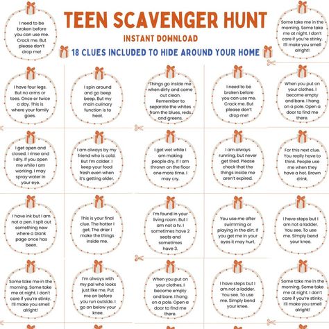 Indoor Teen Scavenger Hunt Teen and Tween Treasure Hunt Scavenger Hunt for Older Kids Birthday Scavenger Hunt - Etsy Canada Teen Scavenger Hunt, Birthday Scavenger Hunt, Scavenger Hunt Riddles, Indoor Scavenger Hunt, Fall Scavenger Hunt, Scavenger Hunt Birthday, Scavenger Hunt Clues, Scavenger Hunt For Kids, Hiding Places