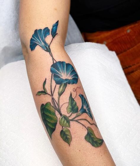 Morning Glory Tattoo Traditional, Morning Glory Tattoos For Women, Morning Glory Tattoo Color, Blue Morning Glory Tattoo, Morning Glories Tattoo, Blue Flowers Tattoo, Morning Glory Flowers Tattoo, Moonflower Tattoo, Blue Flower Tattoo