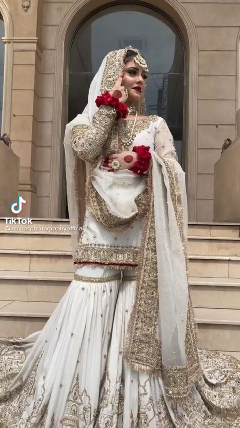 Healthy Brides Pakistan, Nikkah Dress Gharara, Pakistani Bride White Dress, Gharara For Nikkah, Garara Bridal Dress, Off White Garara Suits, Nikkah Dress Pakistani White Simple, Wedding Gharara Pakistani Dresses, Nikha Outfits For Bride