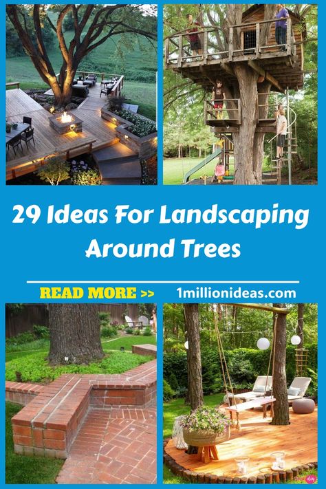 29 Ideas For Landscaping Around Trees Big Tree Backyard Ideas, Landscape Around Big Tree, Landscape Sitting Area Design, Sitting Area Under Tree Backyards, Backyard With Lots Of Trees, Trees For Pool Area, Sitting Area Under Tree, Under Tree Seating Area, Deck Around A Tree