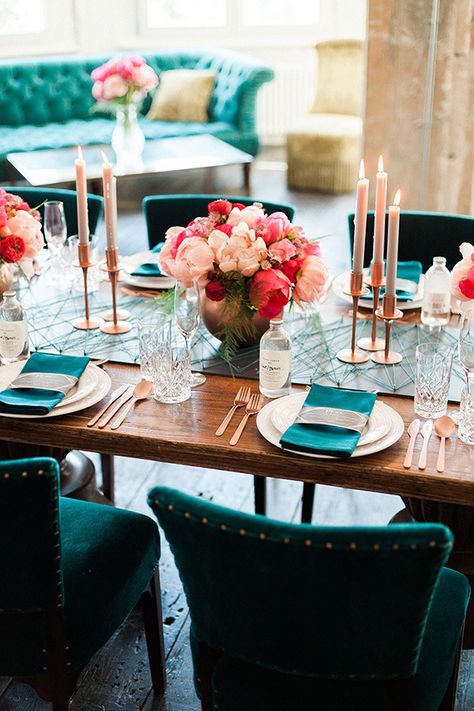 Geometric Table Runner with Metallic Accents and Lush Flowers | Ashley Ludaescher Photography | Rose Gold and Peony - Modern Metallic Wedding Shoot in Teal and Copper Teal And Copper, Teal Wedding Colors, Modern Table Runners, Metallic Wedding, Geometric Table, Gold Candle Sticks, Copper Wedding, Modern Wedding Photography, Creative Wedding Ideas