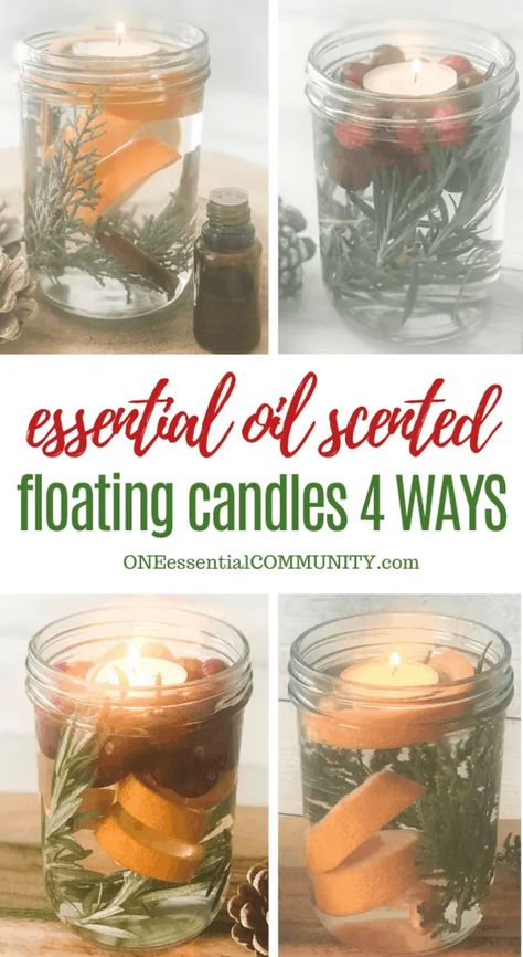 How to make scented Christmas floating candles in mason jar with essential oils, easy DIY to fill your home with holiday aromas, floating mason jar candle, Christmas candles, holiday water candles, homemade Christmas candles, Christmas craft, Homemade DIY essential oil recipe, essential oil make & take, homemade gift, Young Living, doTERRA, Plant Therapy. Diy Fall Scented Candles, Christmas Floating Candles, Floating Water Candles, Floating Candles Mason Jars, Homemade Christmas Candles, Water Candles, Homemade Candle Recipes, Christmas Candle Jars, Water Candles Diy