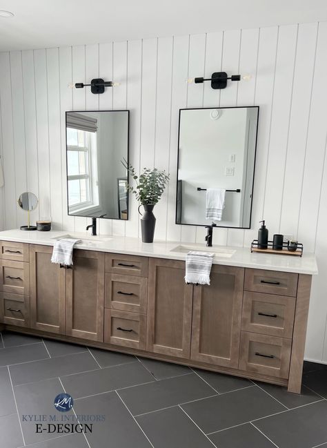 The 7 Best White Paint Colors with Gray Floors Wood Vanity Dark Floor, Vertical Shiplap Behind Vanity, Charcoal Gray Bathroom Floor, Farmhouse Bathroom Black Floor, Master Bath Ideas Dark Floor, Bathroom Ideas Dark Floor Light Walls, Ensuite Bathroom Ideas 2023, White Vertical Shiplap Bathroom, Master Bath Gray Vanity