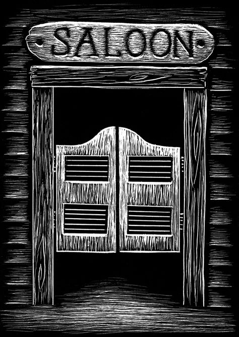 Saloon Drawing, Saloon Illustration, Saloon Tattoo, Father Son Tattoo, Scratchboard Illustration, Saloon Decor, Saloon Doors, Western Bar, Cowgirl Tattoos