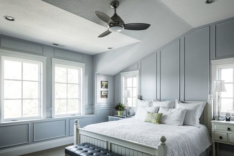 Traditional Bedroom Cathedral Vaulted ceilings Ceiling Fan Vaulted Ceiling, Vaulted Ceiling Bedroom, Slanted Walls, Bedroom Traditional, Slanted Ceiling, Gray Walls, White Headboard, Bedroom Accent, Traditional Interior Design