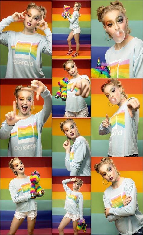 Rainbow Photoshoot Ideas, Rainbow Row Photoshoot, Pride Photoshoot Ideas Studio, Rainbow Theme Photoshoot, Makeup Ideas Rainbow, Playful Headshots, Pride Photoshoot Ideas At Home, Pride Photoshoot Ideas, Senior Pictures Studio