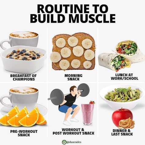 Calories Tutorial | Nutrition on Instagram: “🔥Routine to build muscle🔥⠀ -⠀ Are you trying to build muscle?⠀ Whether you work or go to school, how you schedule your day, and your…” Calorie Cycling, Bulking Meals, Healthy Weight Gain Foods, Food To Gain Muscle, Preworkout Snack, Comidas Fitness, Healthy High Protein Meals, Detox Smoothie Recipes, Post Workout Snacks