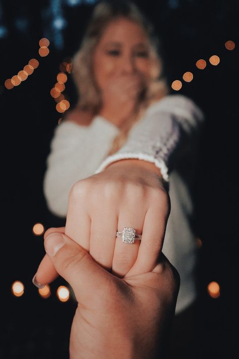 Gorgeous Engagement Ring on How They Asked by The Knot Halo Round Engagement Ring, Stylish Engagement Rings, Cushion Cut Diamond Engagement Ring, Engagement Photography Poses, Couple Engagement Pictures, Engagement Ring Photos, Top 10 Engagement Rings, Cushion Cut Engagement Ring, Wedding Jewellery Collection